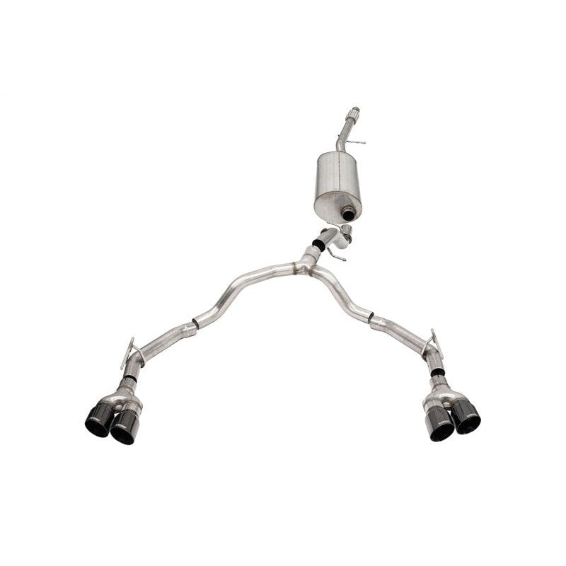 Corsa Sport Cat-Back exhaust system with 304 stainless steel piping and dual 4-inch black dual-wall Pro Series tips.