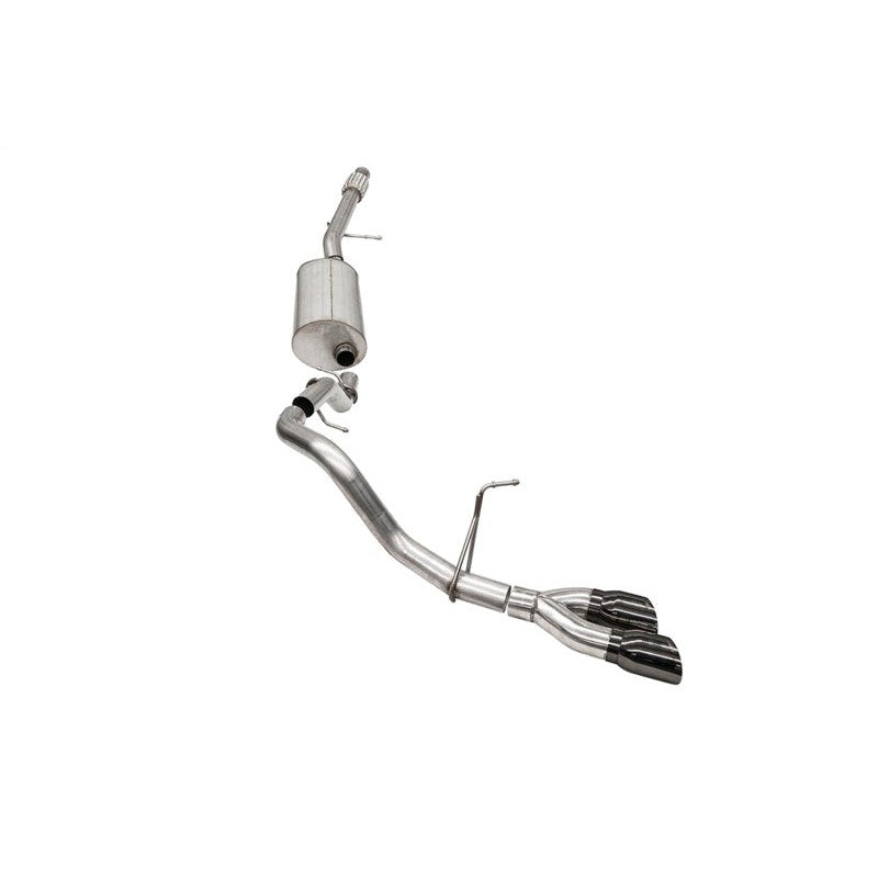 Corsa Sport cat-back exhaust system featuring 304 stainless steel piping and dual-wall round black PVD tips.
