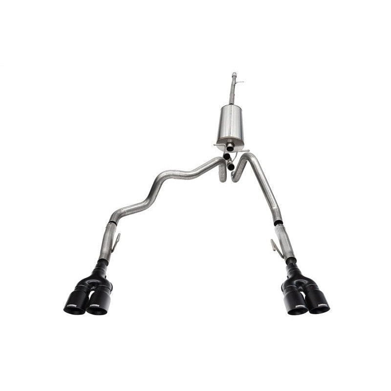 Corsa 304 stainless steel cat-back exhaust system with twin 4-inch black tips for 2022-2024 Silverado and Sierra 1500.