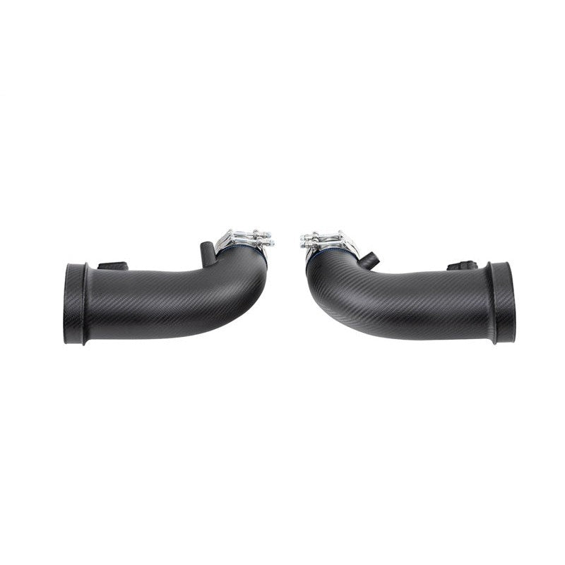 Pair of matte multi-layer carbon fiber air intake ducts for 2024-2025 Ford Mustang featuring black MAF sensor plates.