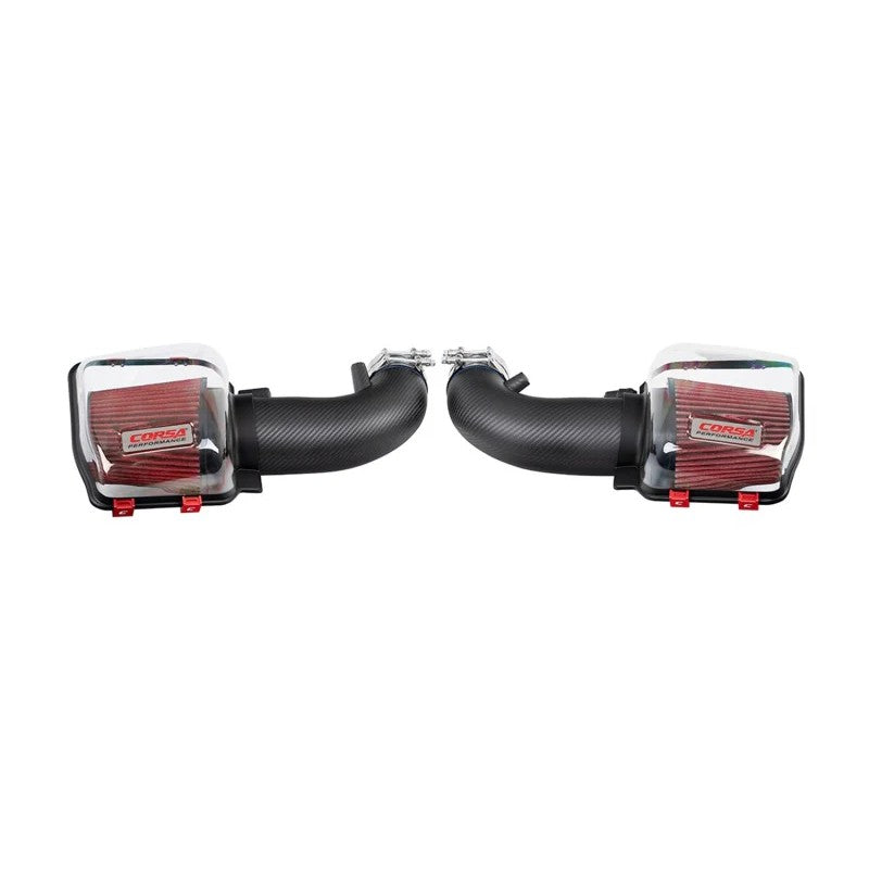 Corsa matte carbon fiber dual cold air intake with clear lids and red latches for 2024-2025 Ford Mustang GT 5.0L.