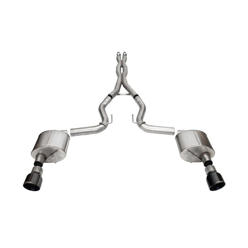 Corsa Xtreme 3.0 inch stainless steel cat-back exhaust with Double Helixx X-pipe and 4.5 inch Black PVD tips for Mustang GT.
