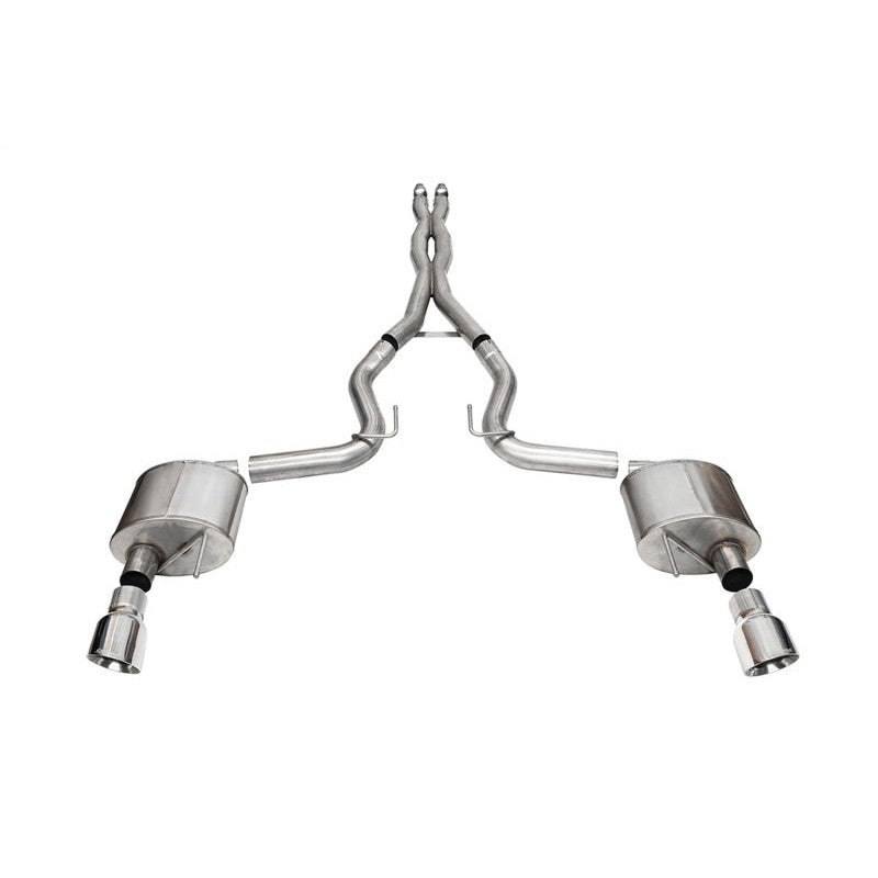 Corsa Xtreme 3.0 inch stainless steel cat-back exhaust system with Double Helixx X-pipe and dual 4.5 inch tips.