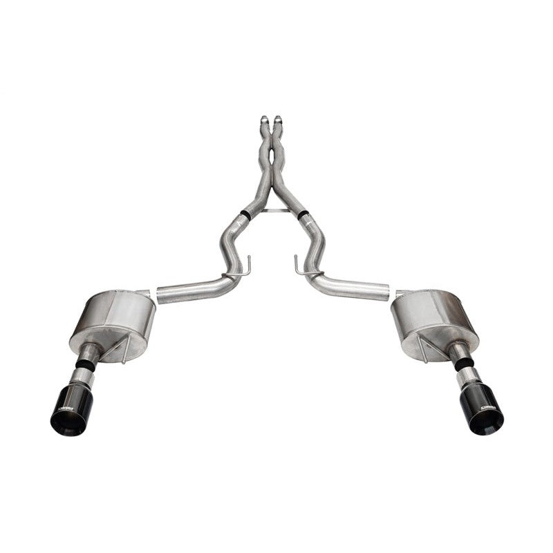 Corsa Xtreme cat-back exhaust system for 2024-2025 Mustang GT with 304 stainless piping and black PVD straight cut tips.