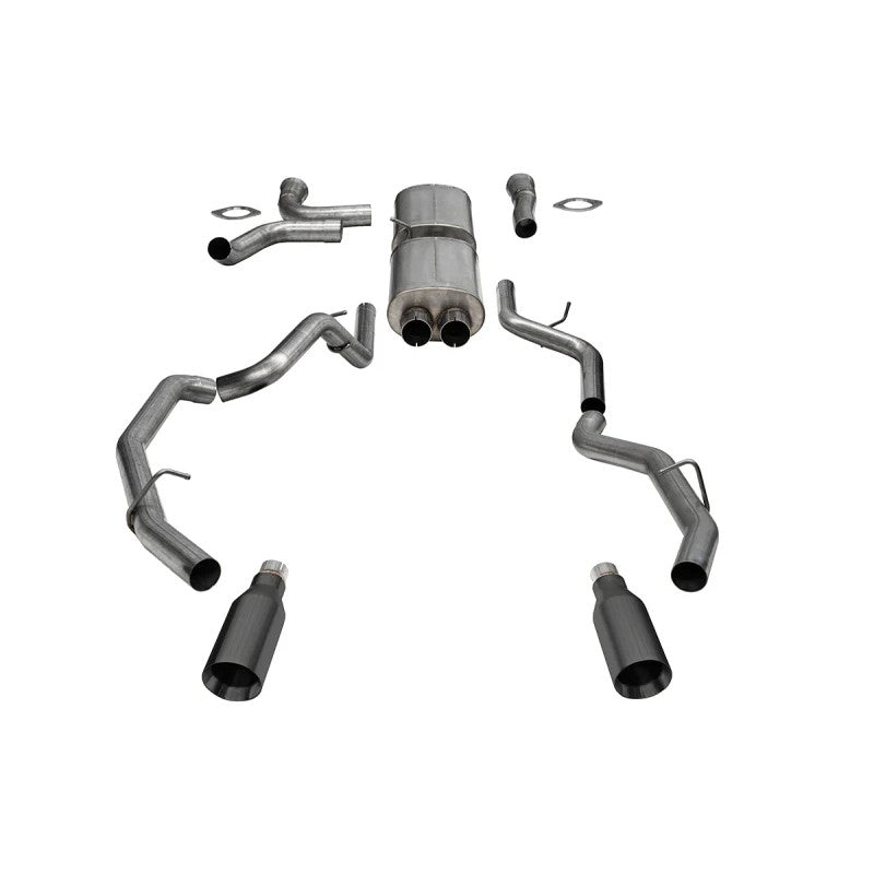 Corsa 3-inch dual exit cat-back exhaust system with 5-inch gunmetal PVD tips for 2025-2026 RAM 1500 RHO.