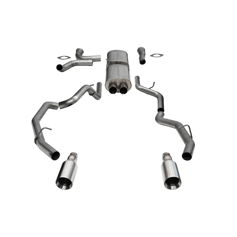 Corsa 304 stainless steel cat-back exhaust system with 5 inch satin flat cut tips for 2025-2026 RAM 1500 RHO.