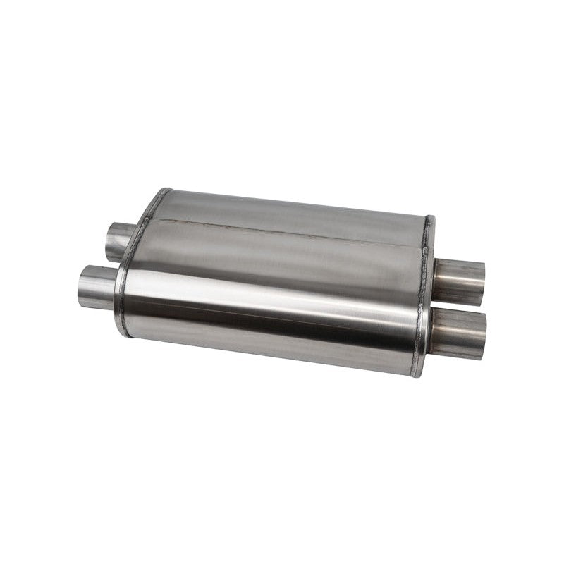 Corsa Performance PRO-Series 304 stainless steel dual inlet outlet muffler with 2.5 inch diameter pipes.