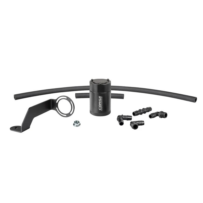 Black CORSA Performance aluminum oil catch can with 11-gauge mounting bracket and reinforced hoses.