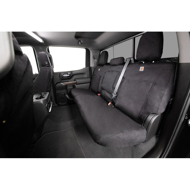 Black Covercraft Carhartt Super Dux SeatSaver front row seat covers for 2019-2026 Chevrolet Silverado and GMC Sierra.