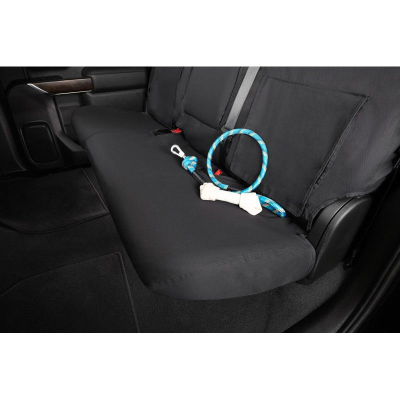 Charcoal polycotton custom-fit second row seat covers for 2019-2026 Silverado and Sierra trucks.