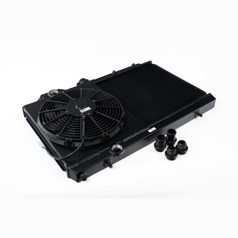 CSF black all-aluminum slim radiator with 12-inch fan and shroud for 2003-2006 Mitsubishi Lancer Evolution