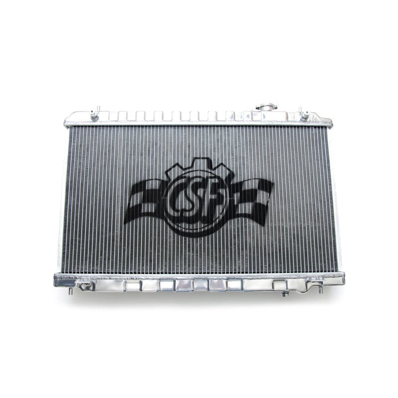 Mirror-polished CSF 3329 all-aluminum radiator with CNC quick-connect fittings and 42mm 2-row core for Nissan 350Z.