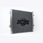 CSF 7215 all-aluminum 2-row radiator with TIG-welded tanks and integrated 5-plate transmission oil cooler.