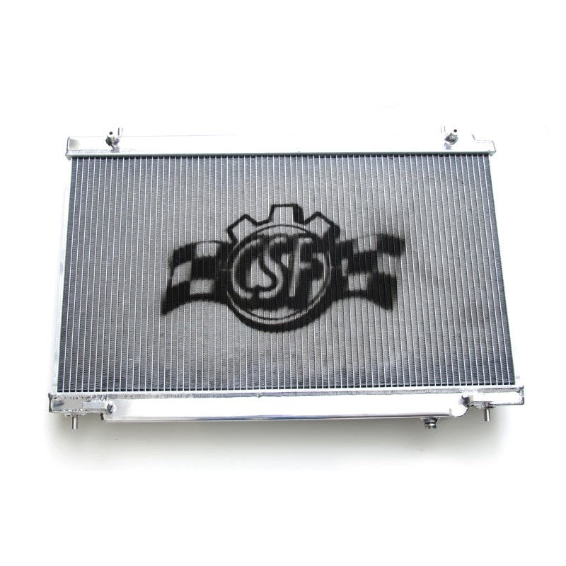 Polished CSF 7022 all-aluminum 1-row radiator for 2007-2009 Nissan 350Z with CNC machined quick-connect fittings.