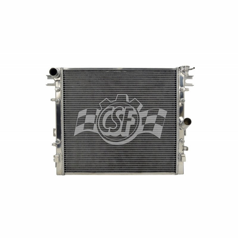 CSF all-aluminum 2-row performance radiator for 2007-2018 Jeep Wrangler JK featuring a satin finish and CNC-machined inlets.