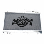 Polished 2-row aluminum performance radiator with TIG-welded tanks and CNC-machined mounting brackets.