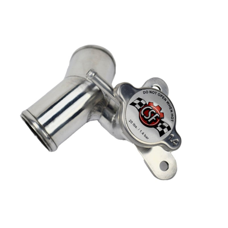 Mirror polished TIG-welded aluminum filler neck with a 1.4 bar high-pressure radiator cap and 1/8 NPT sensor port.