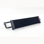 Silver CSF 8103 Race-Spec Dual-Pass DCT oil cooler for BMW F87 M2 showing the aluminum cooling core and mounting points.