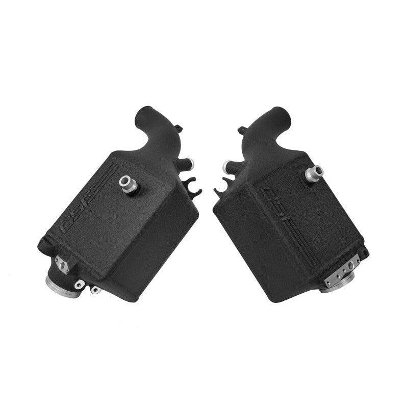 CSF 8178 twin charge-air-cooler set in crinkle black finish with integrated charge pipes for BMW S63 engines.