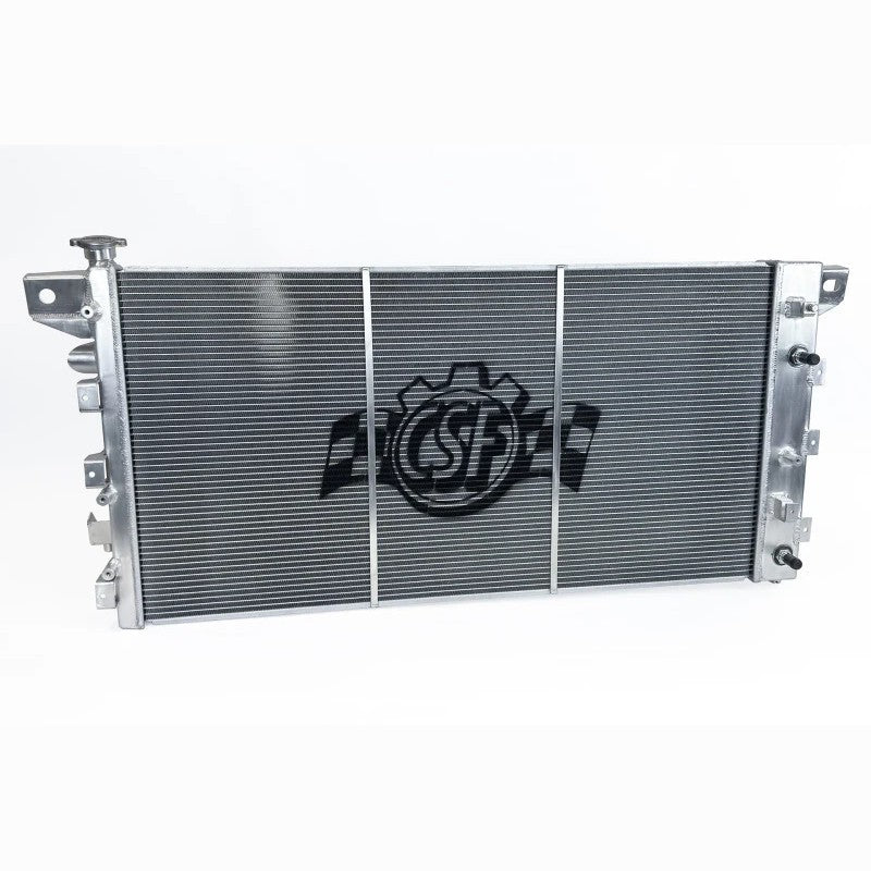 CSF high performance 2-row all-aluminum radiator with TIG-welded end tanks and CNC-machined mounting brackets.