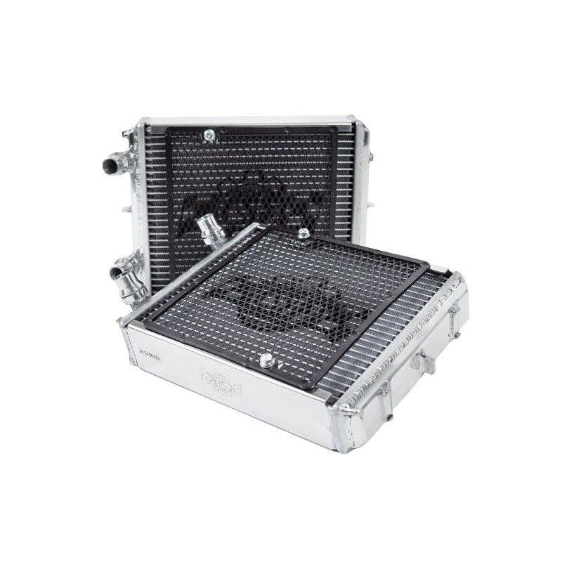 Polished aluminum CSF 8190 auxiliary radiator with a black detachable rock guard for 2018-2021 Mercedes-Benz AMG GT.