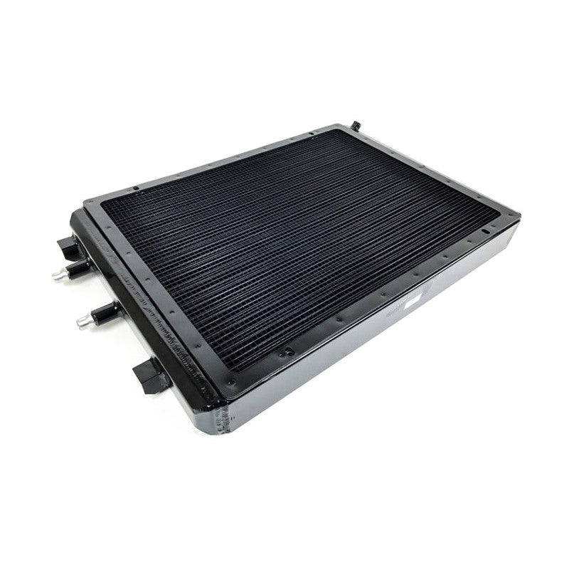 CSF 8075V satin black front mount heat exchanger with removable aluminum rock guard and B-tube core for BMW.