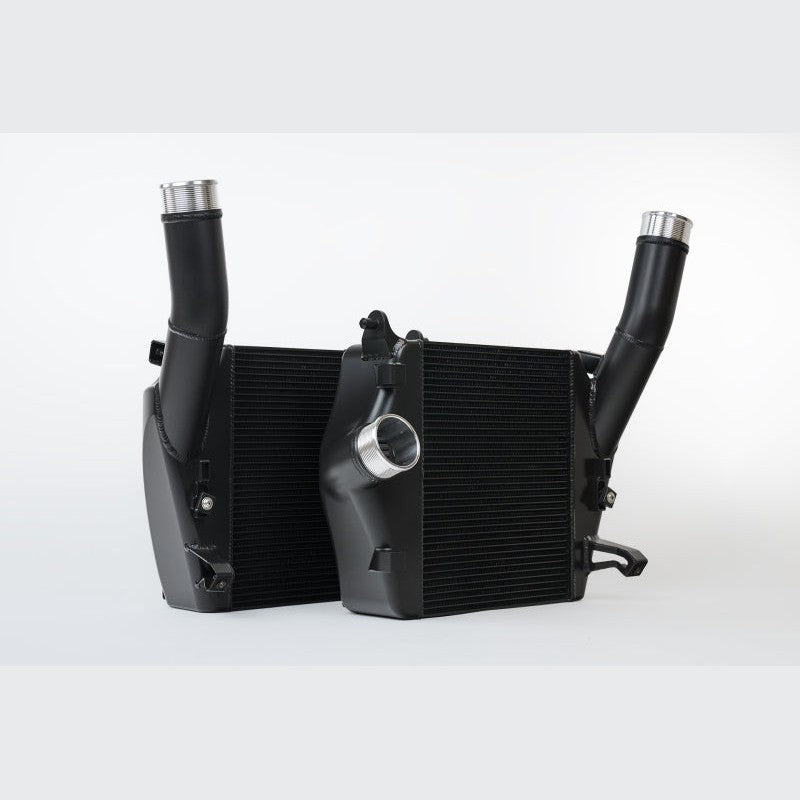Pair of black ceramic coated CSF 8211 performance intercoolers with billet end tanks for Lamborghini Urus and Audi RS Q8.