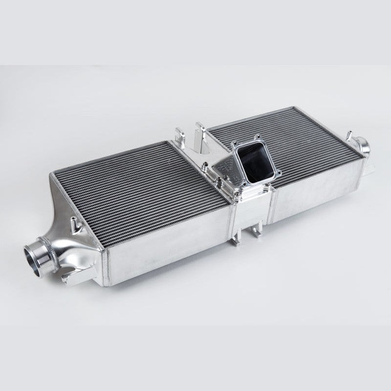 CSF 8188 silver billet aluminum intercooler system for Porsche 992 with TIG-welded end tanks and PWR cores.