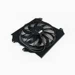 Black laser-cut aluminum fan shroud with a 12-inch SPAL fan mounted for Honda Civic K-swap radiators.