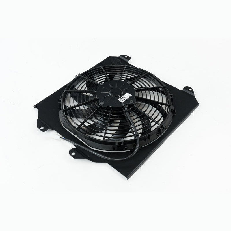 Black laser-cut aluminum fan shroud with a 12-inch SPAL fan mounted for Honda Civic K-swap radiators.