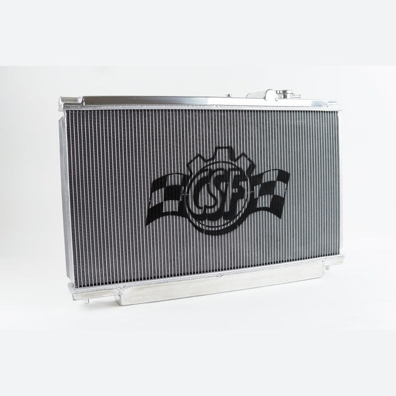 Polished aluminum CSF 2-row radiator for 1993-1998 Toyota Supra with CNC-machined quick-connect fittings.
