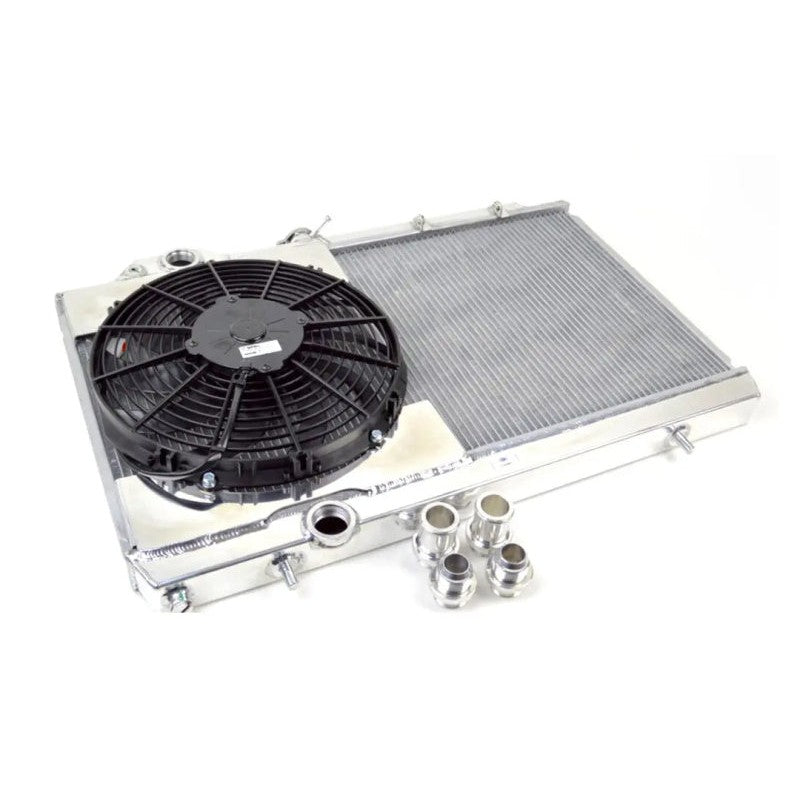 CSF 7075 polished aluminum slim radiator with 12-inch electric fan, shroud, and CNC-machined -16AN and slip-on fittings.