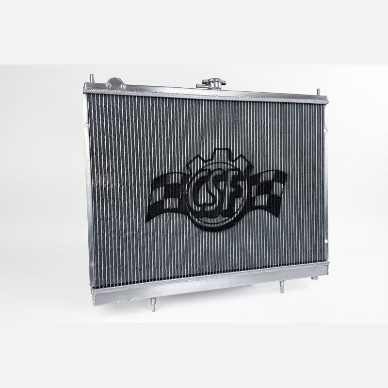 CSF high-performance all-aluminum 2-row radiator for R34 Nissan GT-R with TIG-welded tanks and satin finish