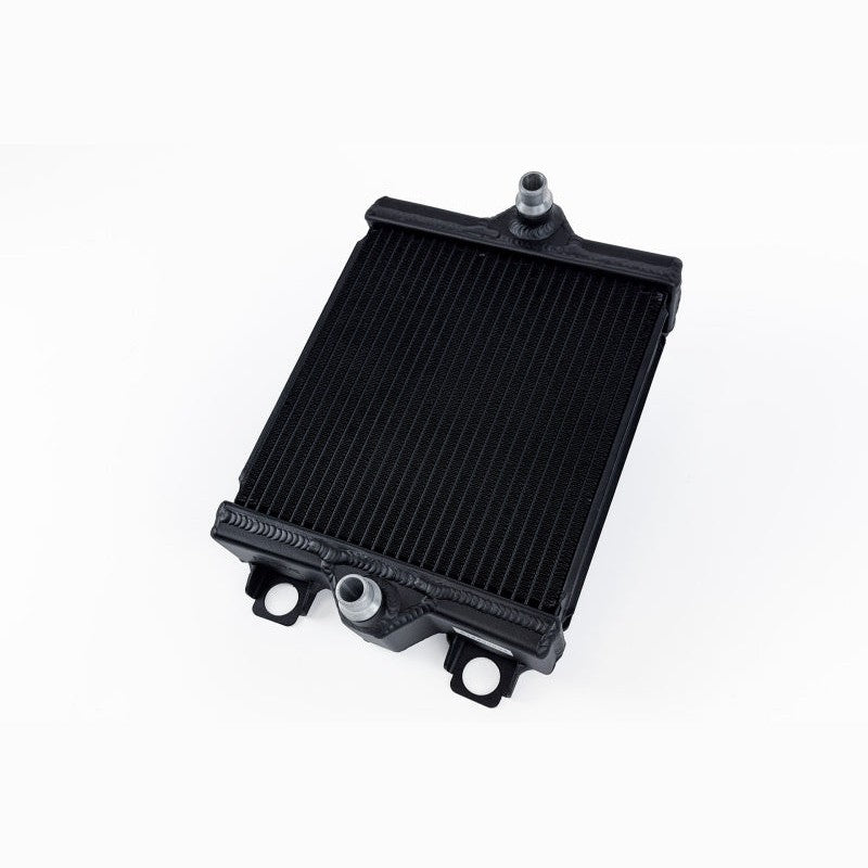 CSF 8355 satin black all-aluminum auxiliary radiator with detachable rock guard for BMW F87 M2 and B58 vehicles.