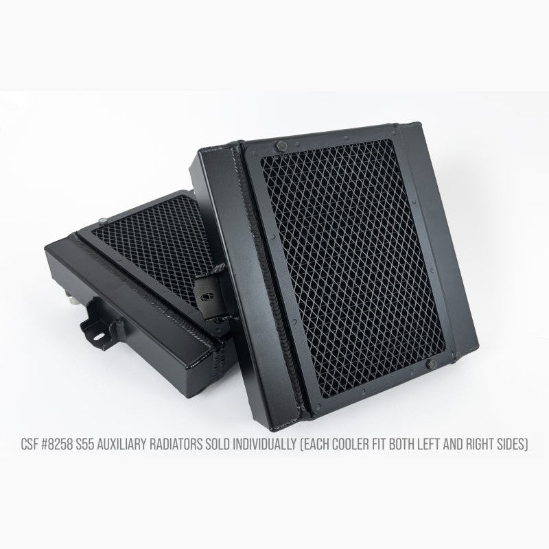 CSF satin black all-aluminum auxiliary radiator with integrated bolt-on rock guard and B-tube core for BMW F8X M-models.
