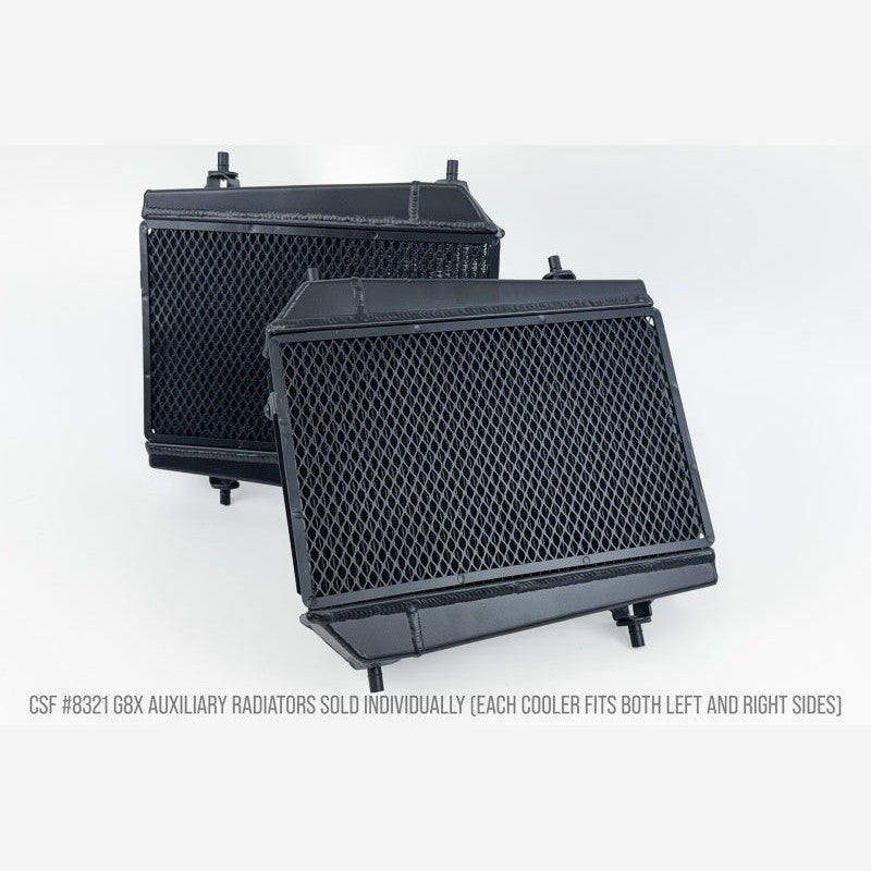 CSF 8321 satin black all-aluminum auxiliary radiator for BMW G8X M2, M3, and M4 with detachable rock guard.