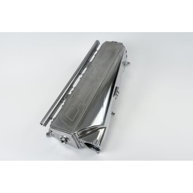 Raw billet aluminum CSF Gen 2 B58 Race X Charge-Air-Cooler Manifold featuring integrated fuel rail and NPT ports