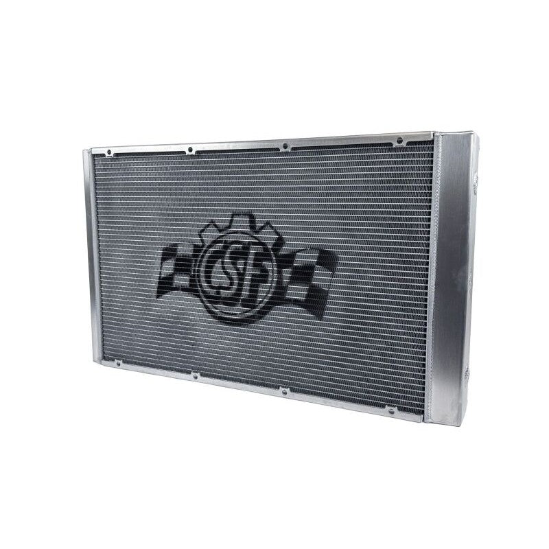 Universal TIG-welded aluminum dual-pass competition radiator with brushed finish and threaded ORB inlet/outlet ports.