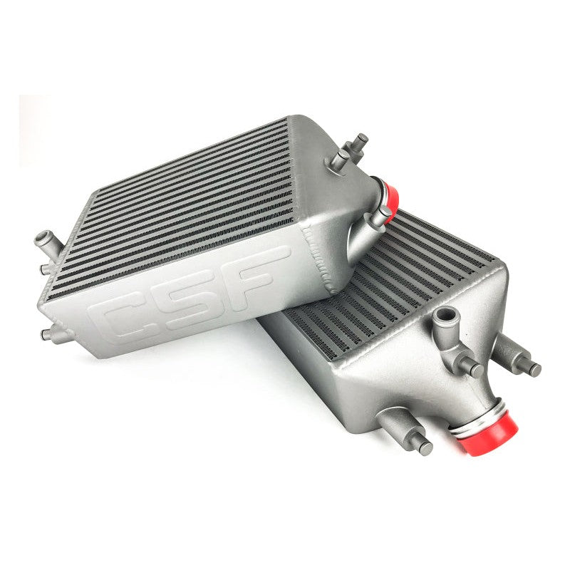 CSF Twin Intercooler Set for Porsche 911 Turbo (991) featuring 115mm bar-and-plate cores and cast aluminum end tanks.