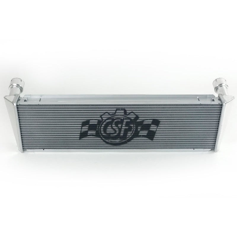 Satin finish all-aluminum CSF center radiator for Porsche 997 Turbo with TIG-welded end tanks and CNC brackets.