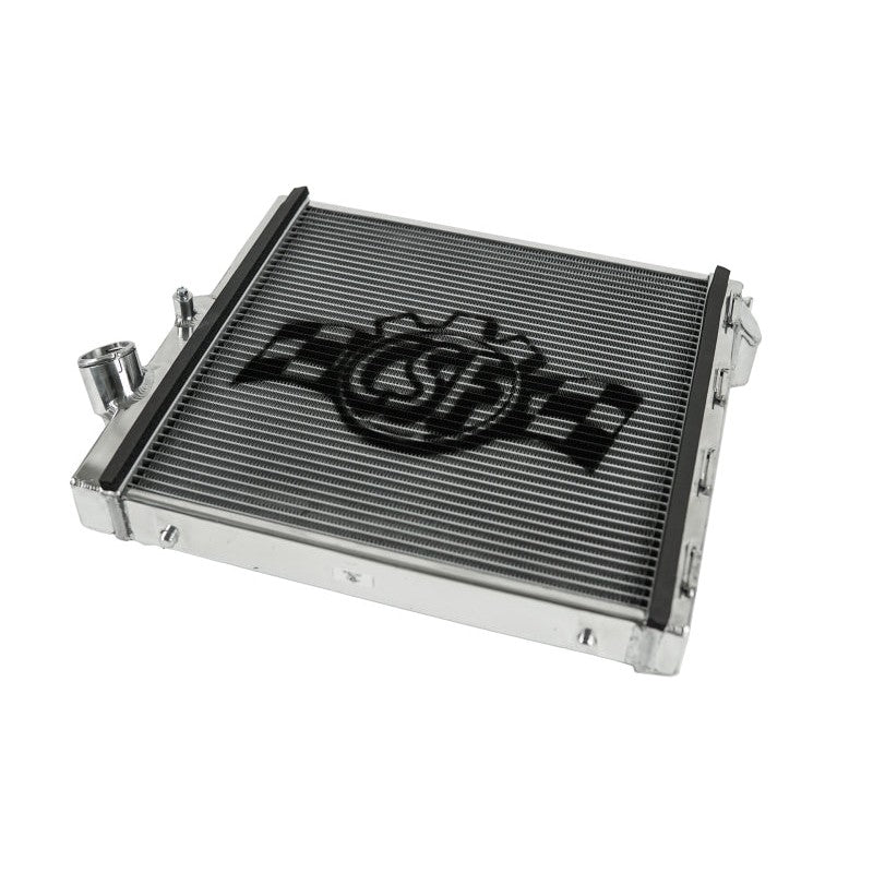 Left side all-aluminum performance radiator with satin finish and CNC-machined connections for Porsche 911 and 718.