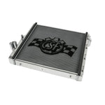 Left side all-aluminum performance radiator with satin finish and CNC-machined connections for Porsche 911 and 718.
