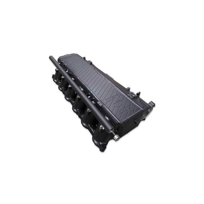 CSF 8200B thermal black B58 charge-air cooler intake manifold with integrated fuel rail and NPT ports.