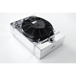 Polished aluminum CSF 7065 drag race radiator featuring B-Tube core and pre-mounted 9-inch SPAL cooling fan.