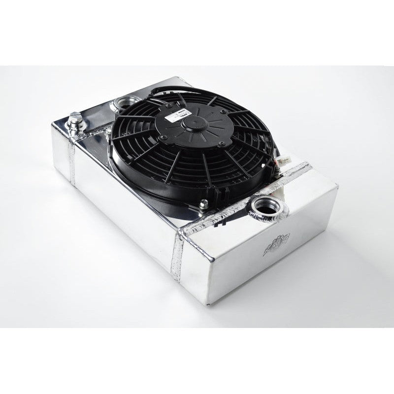 Polished aluminum CSF 7065 drag race radiator featuring B-Tube core and pre-mounted 9-inch SPAL cooling fan.