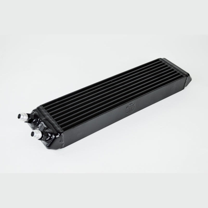 CSF 8066 universal dual-pass bar and plate oil cooler in matte black powder coat with -10 AN male fittings.