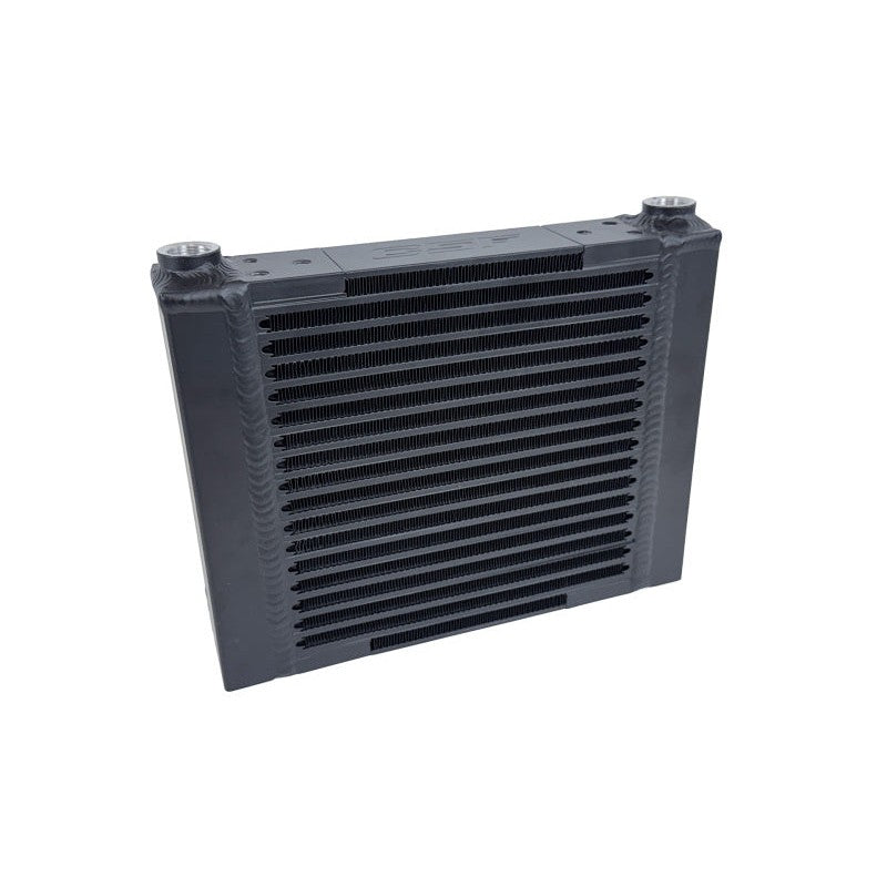 Satin black CSF 8371 universal large single-pass bar and plate oil cooler with M22 x 1.5 inlet and outlet ports.