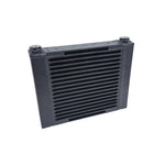 Satin black CSF 8371 universal large single-pass bar and plate oil cooler with M22 x 1.5 inlet and outlet ports.