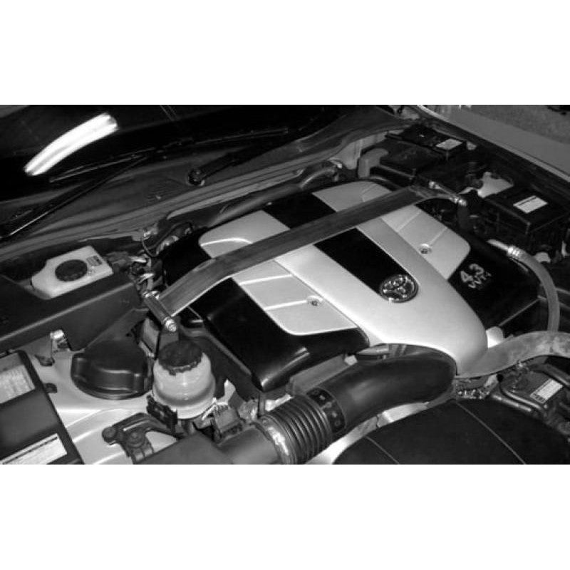 Cusco Type OS front strut tower bar with polished oval aluminum shaft and blue mounting brackets for Lexus SC430.