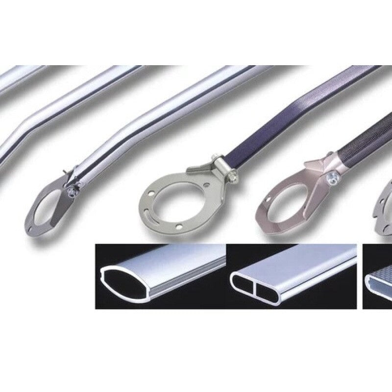Polished oval aluminum front strut tower bar with blue steel end brackets for 2015-2020 Honda Fit GK5.